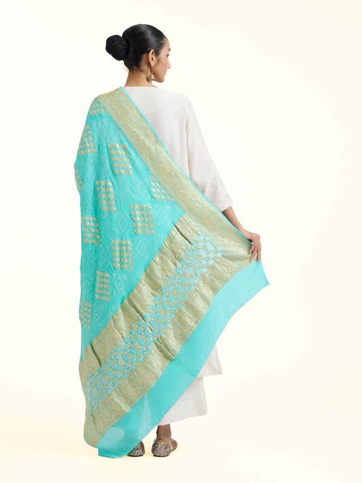 Back view of Turquoise Bandhani Tie & Dye Dupatta emphasizing the overall design and fine details