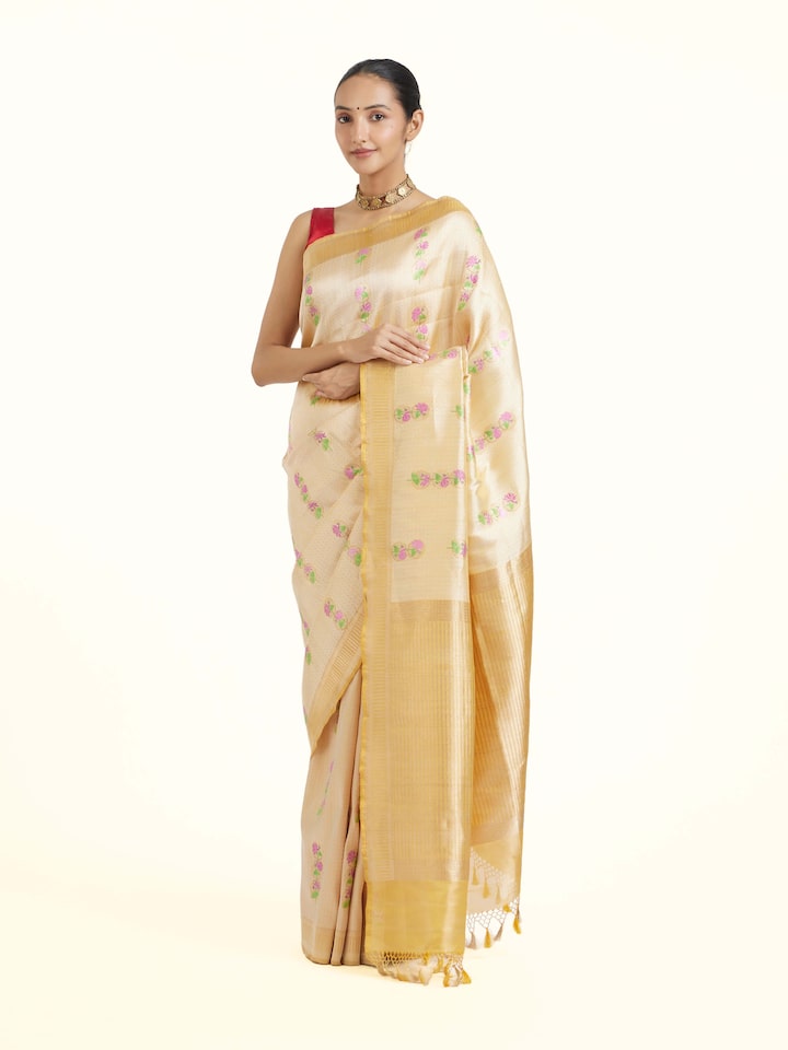Side view of Yellow Banarasi Kadhwa Silk Saree highlighting the detailed craftsmanship and elegant silhouette