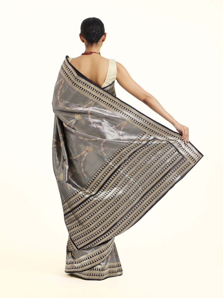 Back view of Black Banarasi Brocade Silk Saree emphasizing the overall design and fine details