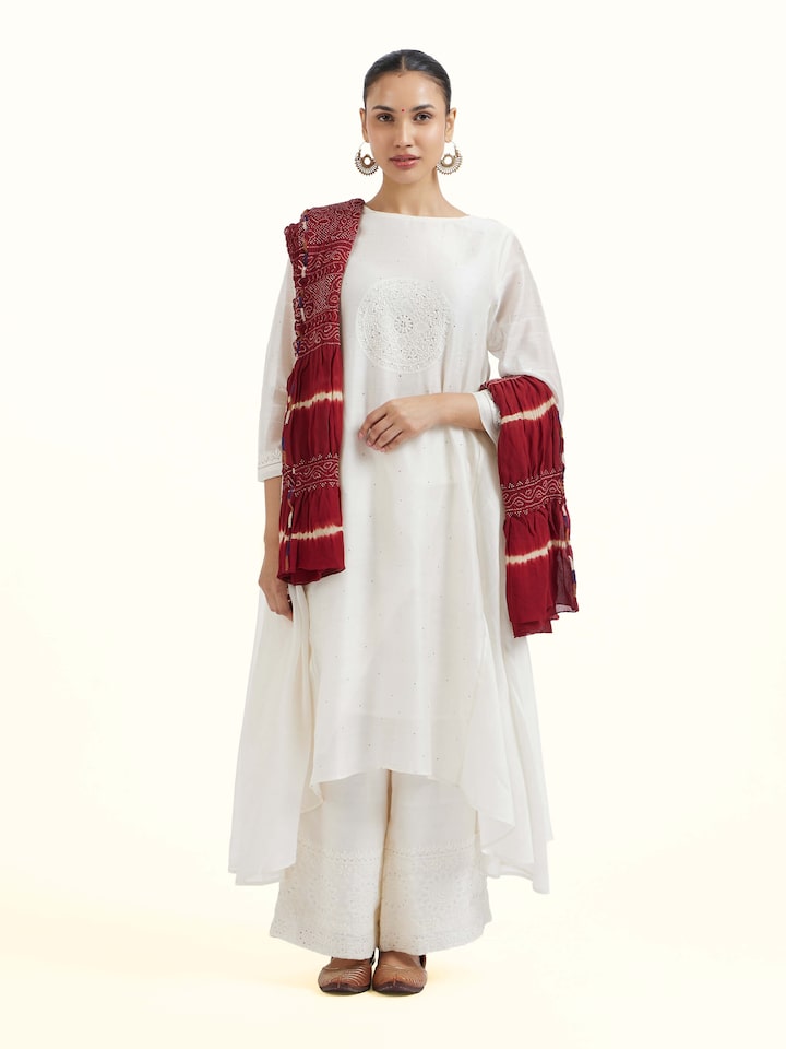 Front view of Red Bandhani Tie & Dye Dupatta II showcasing its traditional craftsmanship and design
