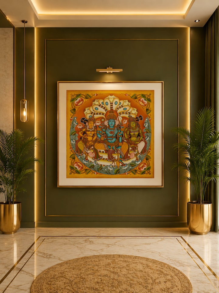 Styled view of Anantha Padmanabha Kerala Mural Painting displayed against a styled backdrop