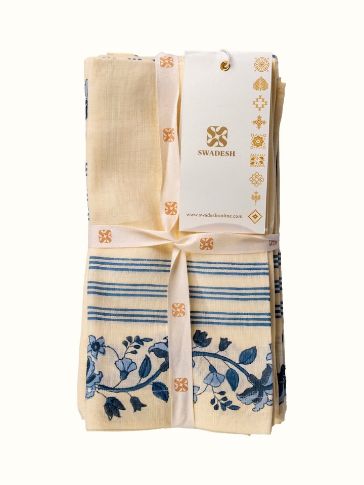Overview of Palampore Blue Hand Block Sanganeri Print Cotton Linen Dinner Napkin (6 Pcs) showing the complete set