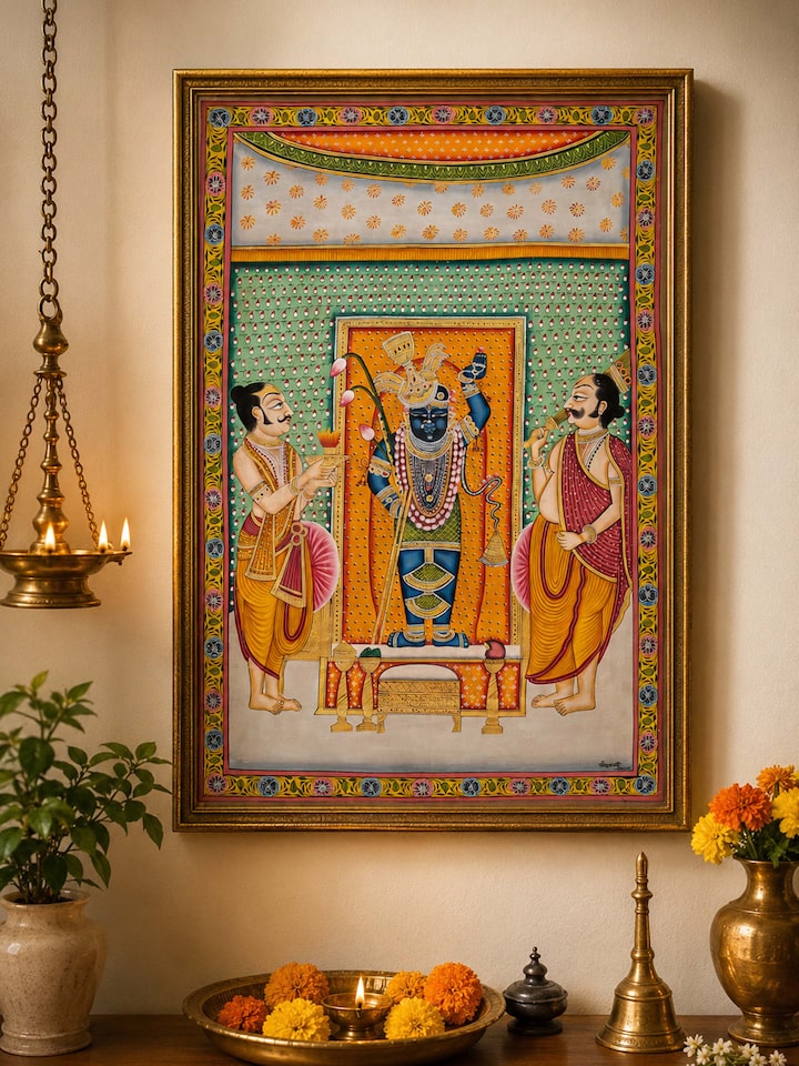 Styled view of Shrinathji Aarti Pichwai Painting displayed against a styled backdrop