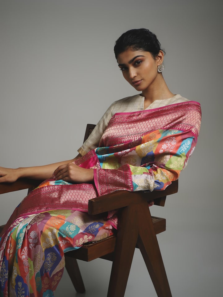 Side view of silk Banarasi saree with detailed woven pattern