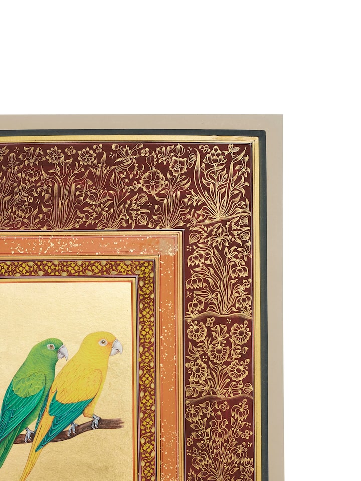 Detail view of Macaw Parrot Floral Miniature Painting highlighting the intricate linework and detail, from a different angle