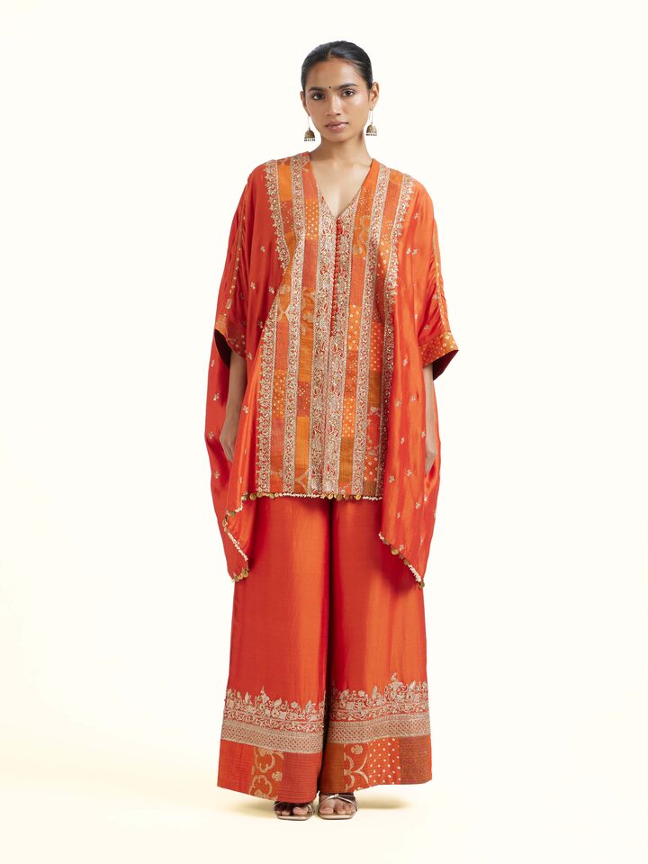 Front view of rust silk hand embroidery co-ord set with elegant detailing