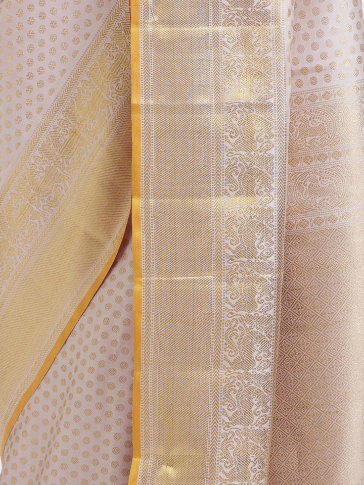 Detailed view of Light Pink Kancheepuram Silk Zari Saree focusing on the fine craftsmanship and texture