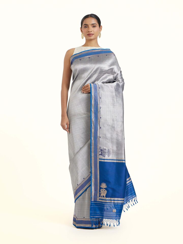 Front view of Navy Banarasi Brocade Silk Saree showcasing its traditional craftsmanship and design
