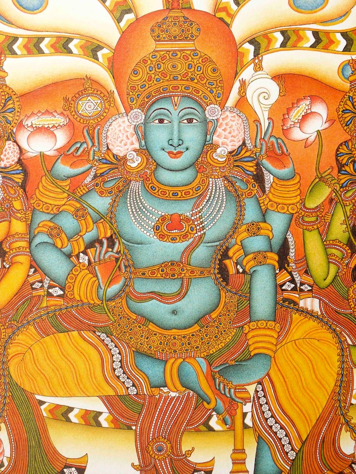 Detail view of Anantha Padmanabha Kerala Mural Painting highlighting the intricate linework and detail