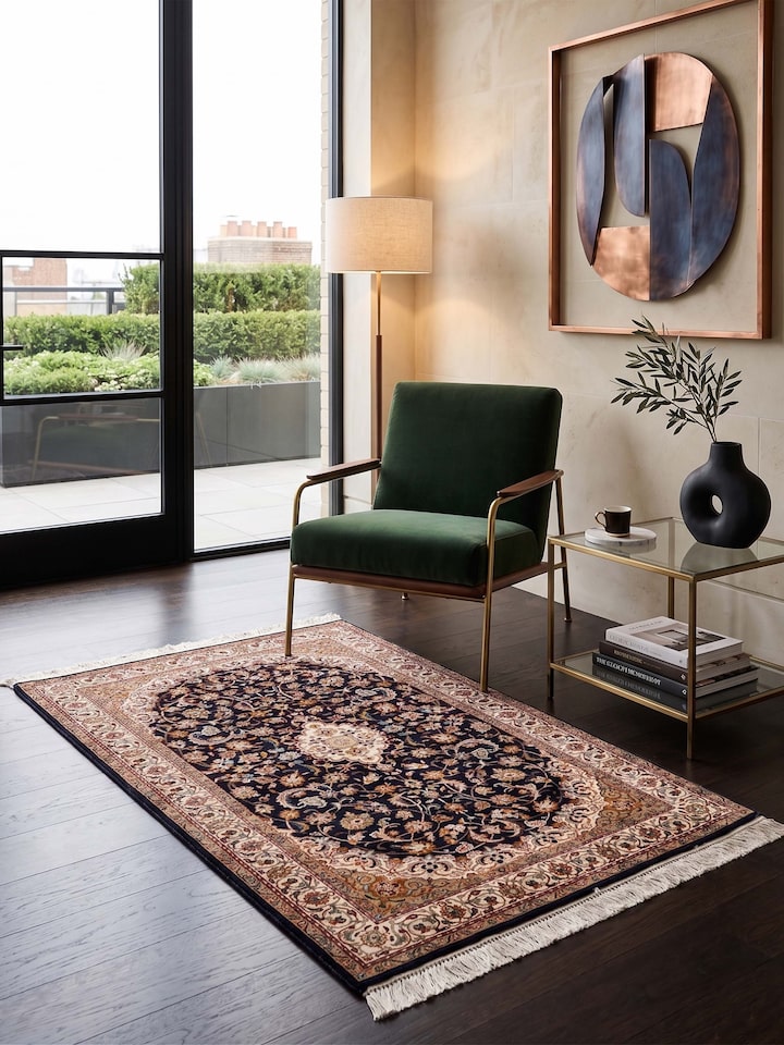 Styled view of Traditional Persian Navy Kashan Kashmir Silk Hand-Knotted Carpet styled in a room setting