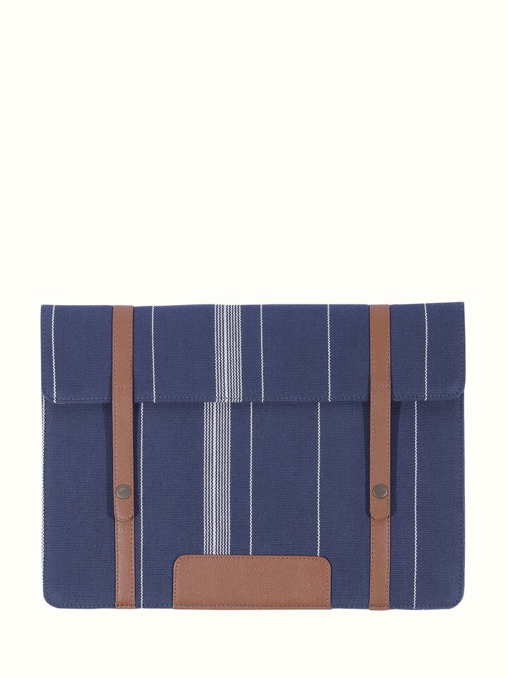 front view of blue handloom cotton ipad sleeve with woven texture