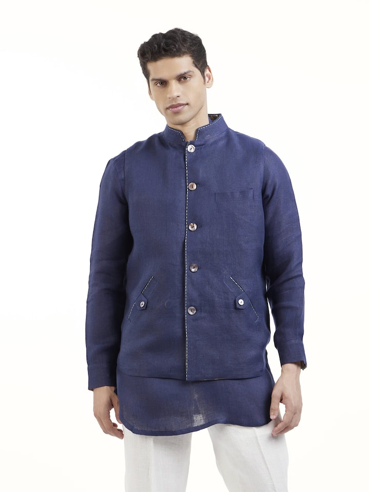 Navy Blue Linen Handloom Jacket Set