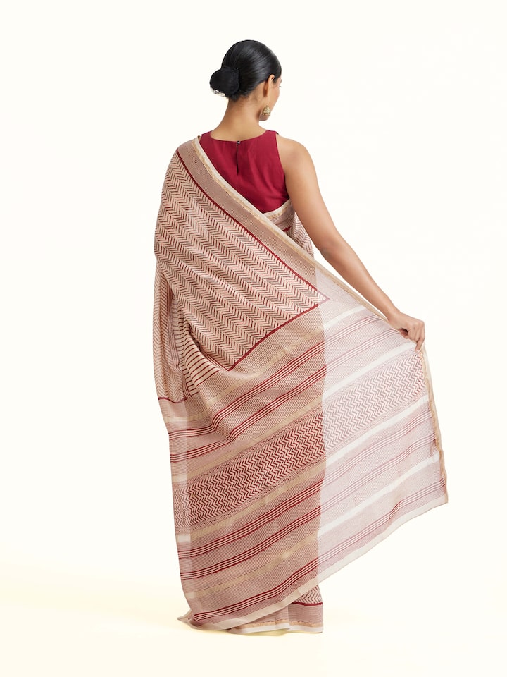 Back view of Red Chanderi Cotton Silk Bagh Block Printed Saree emphasizing the overall design and fine details