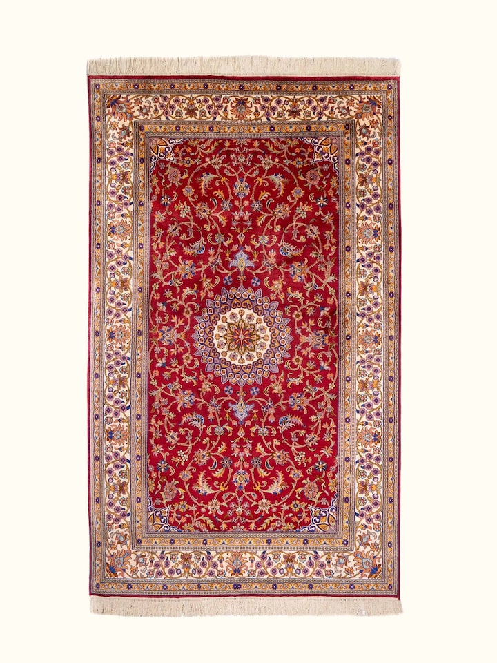 Traditional Persian Red Kashan Kashmir Silk Hand-Knotted Carpet