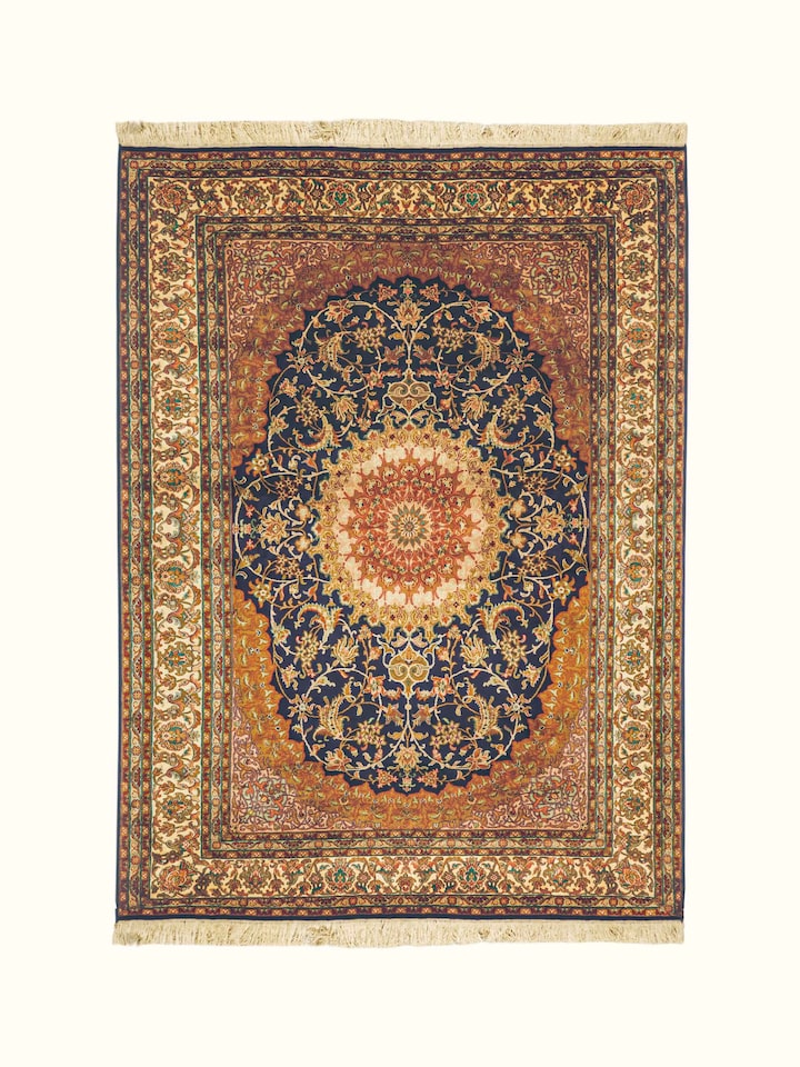 Front view of the Swadesh Traditional Persian Navy Rust Isfahan Kashmir Silk Hand-Knotted Carpet