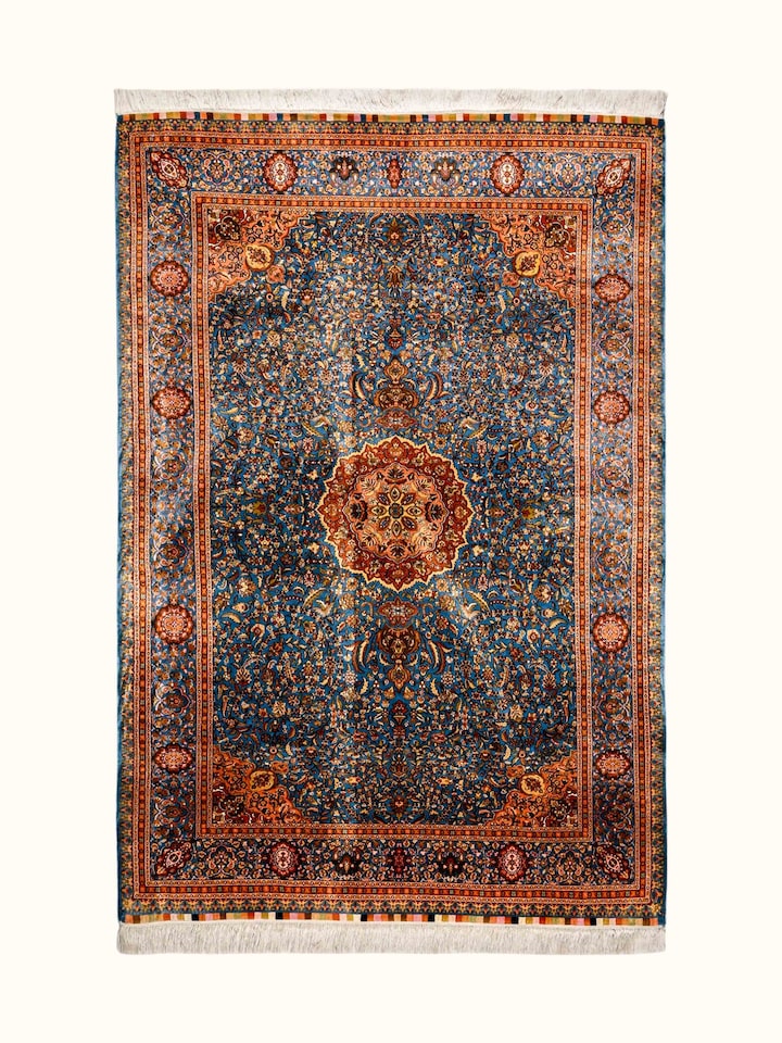 Front view of the Swadesh Traditional Persian Azure Rust Isfahan Kashmir Silk Hand-Knotted Carpet