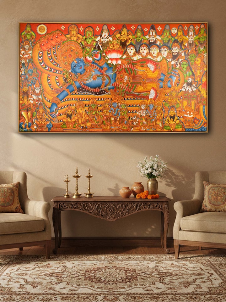 Styled view of Ananthshayna Kerala Mural Painting displayed against a styled backdrop, from a different angle