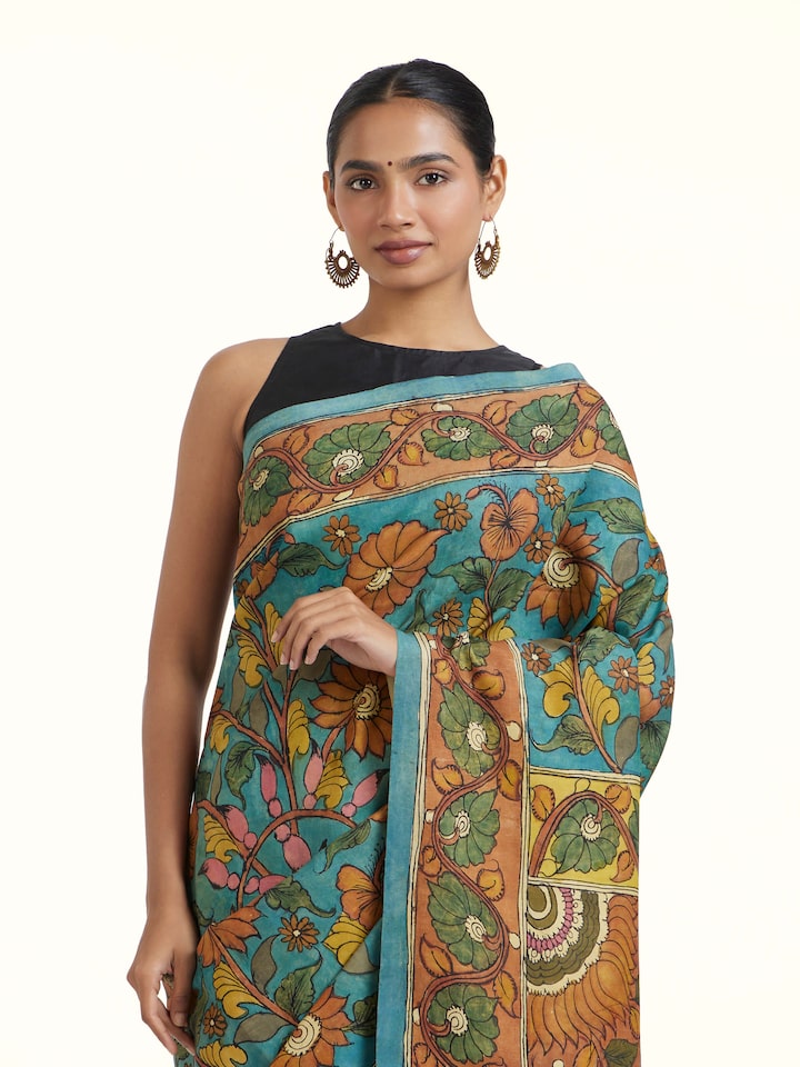 Angled view of the Mulberry Silk Kalamkari Hand Painted Saree