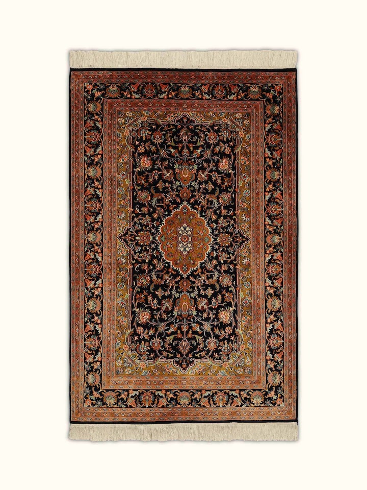 Traditional Persian Navy Blue Tabriz Kashmir Silk Hand-knotted Rug