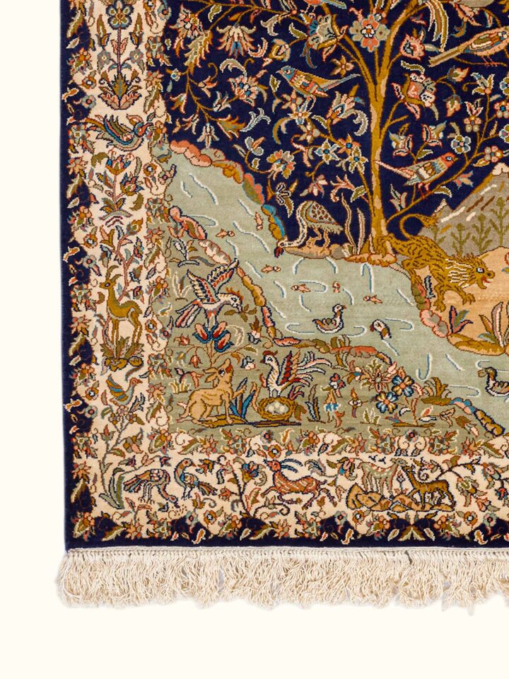 Close-up of the Traditional Persian Navy Rust Tree of Life Kashmir Silk Hand-Knotted Carpet