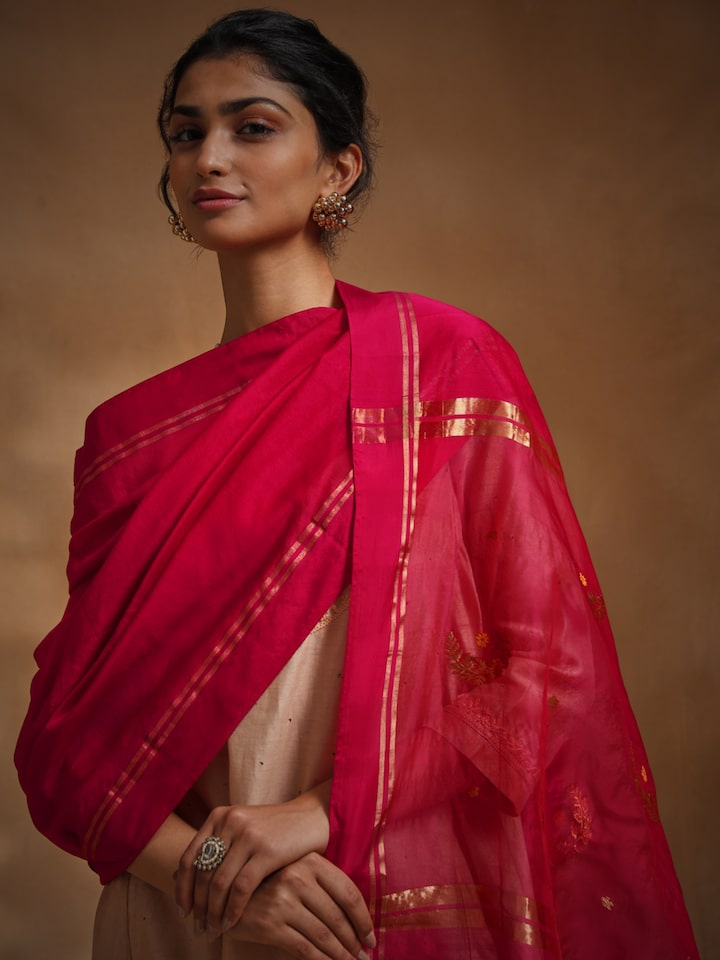 Close-up of pink cotton silk Chanderi dupatta - traditional wear