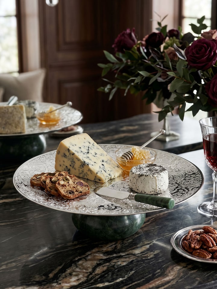 Left-side view of the Silver-plated Paisley Round Platter