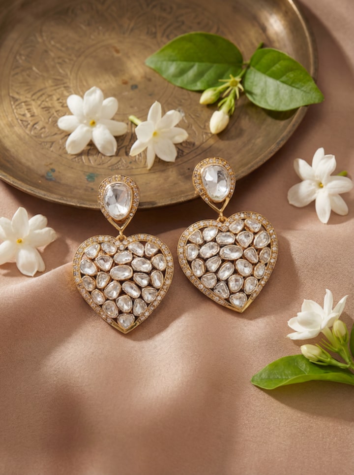 Dank Polki 14 karat gold drop earrings worn on ears – Swadesh