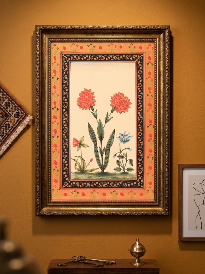 Styled view of Orange Dahlia Miniature Painting displayed against a styled backdrop