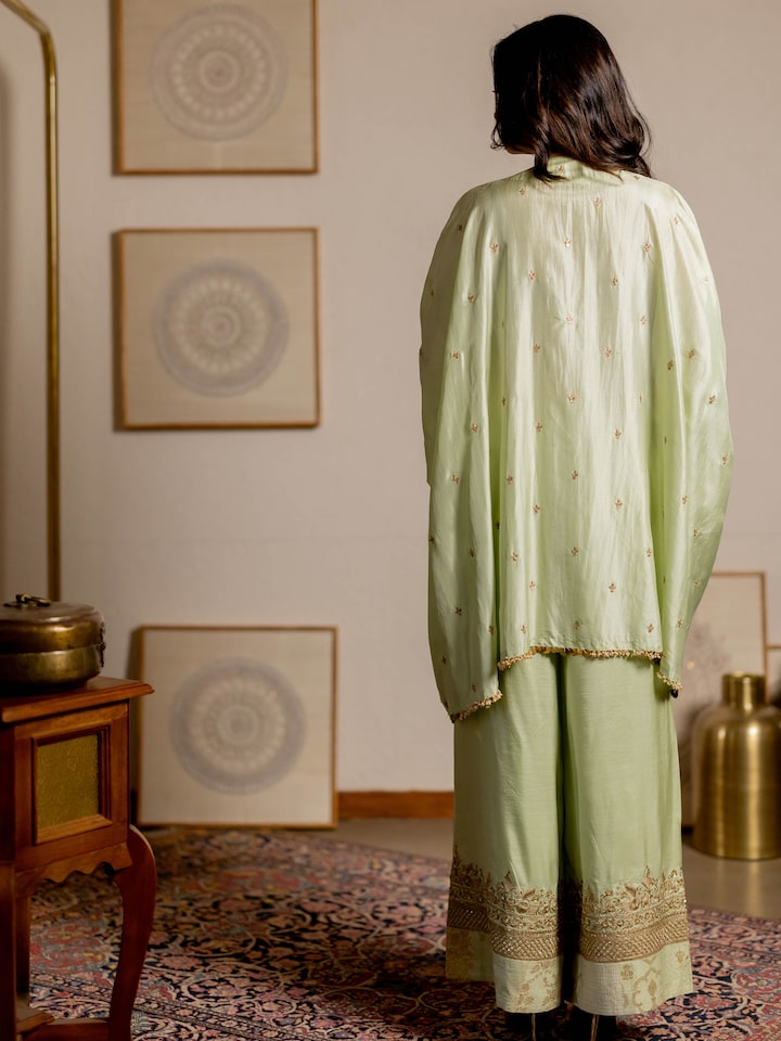 Draped detail view of the Mint Green Silk Hand Embroidered Patchwork Co-ord Set (2 Pcs)