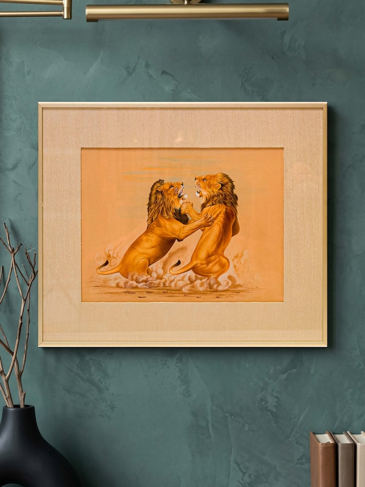 Styled view of Lions Fight Miniature Painting displayed against a styled backdrop
