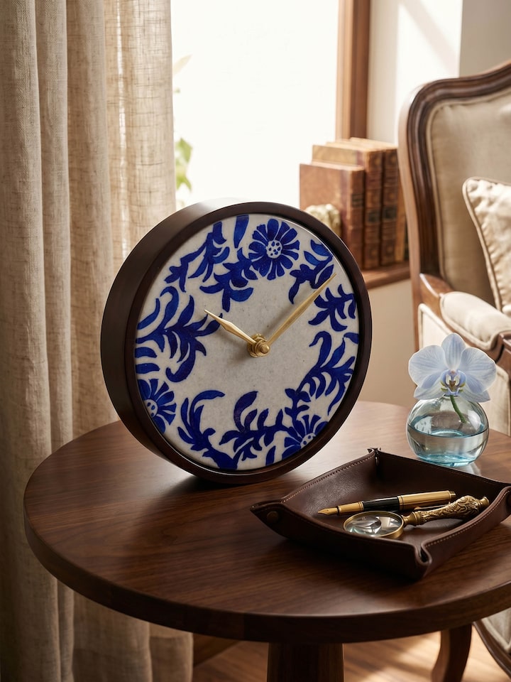 Left-side view of the Blue Pottery Ceramic Table Clock