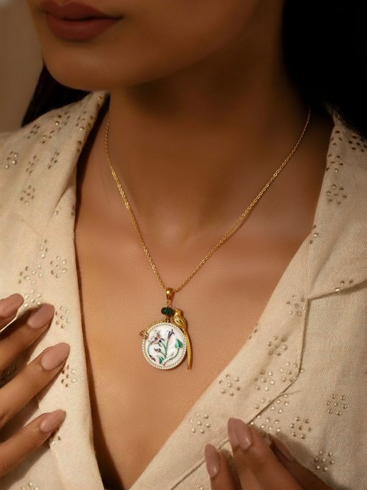 lifestyle view of parchinkari silver pendant and chain
