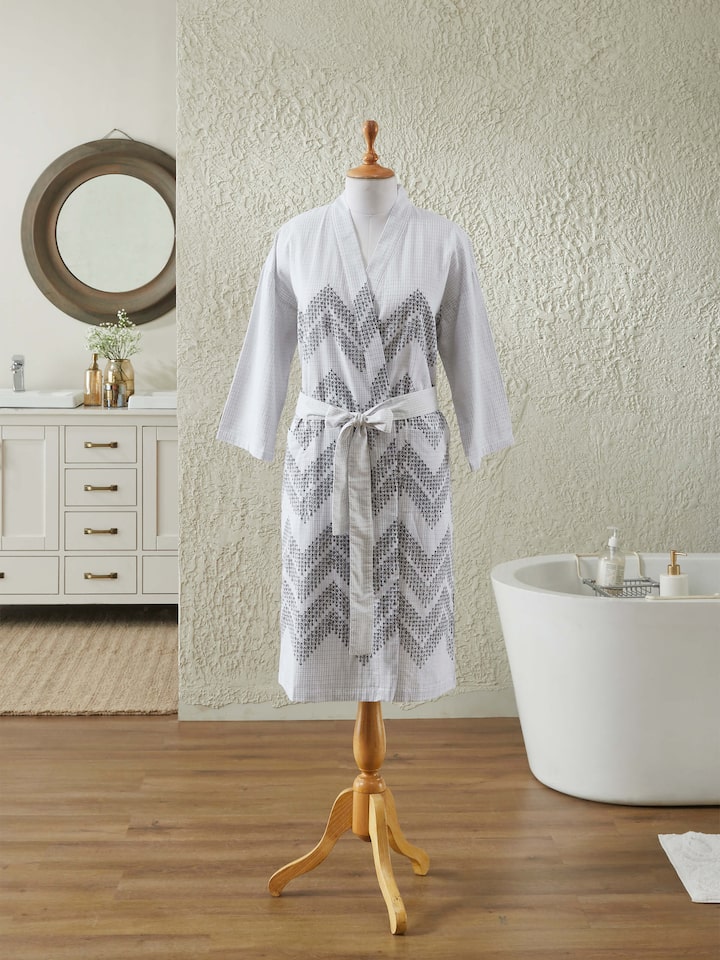 Rambagh geometric cotton Sanganeri block printed bathrobe, lifestyle view