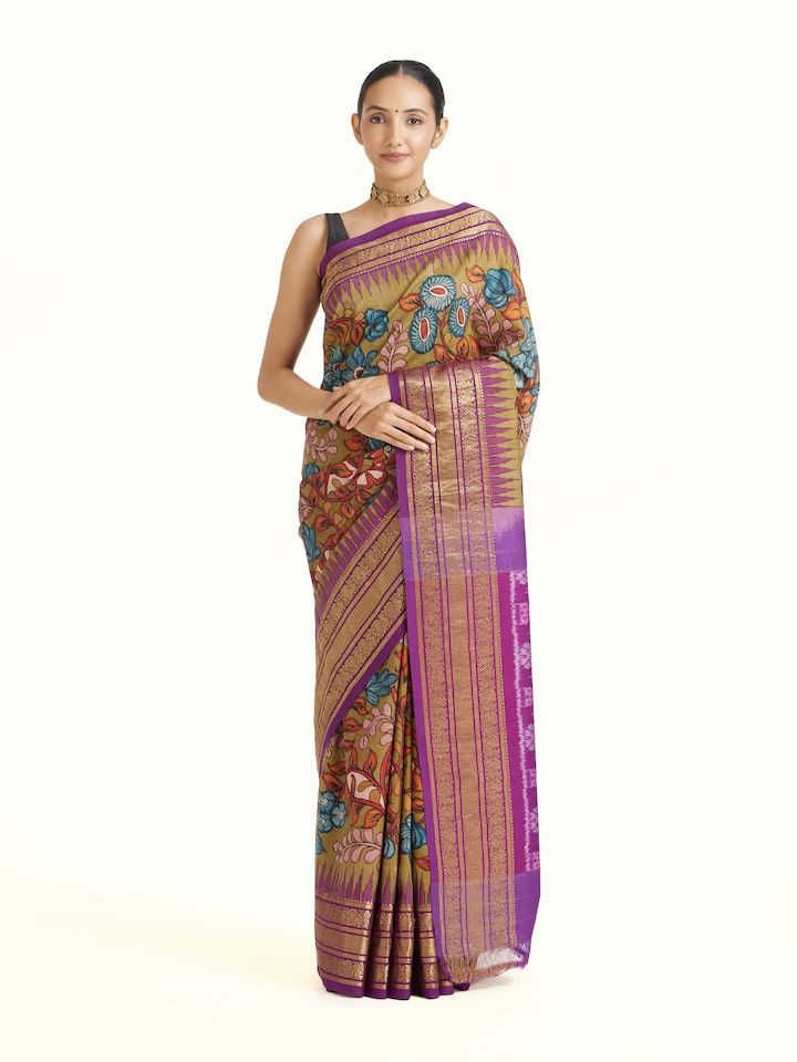 Front view of Purple Kalamkari Hand‑Painted Saree showcasing its traditional craftsmanship and design