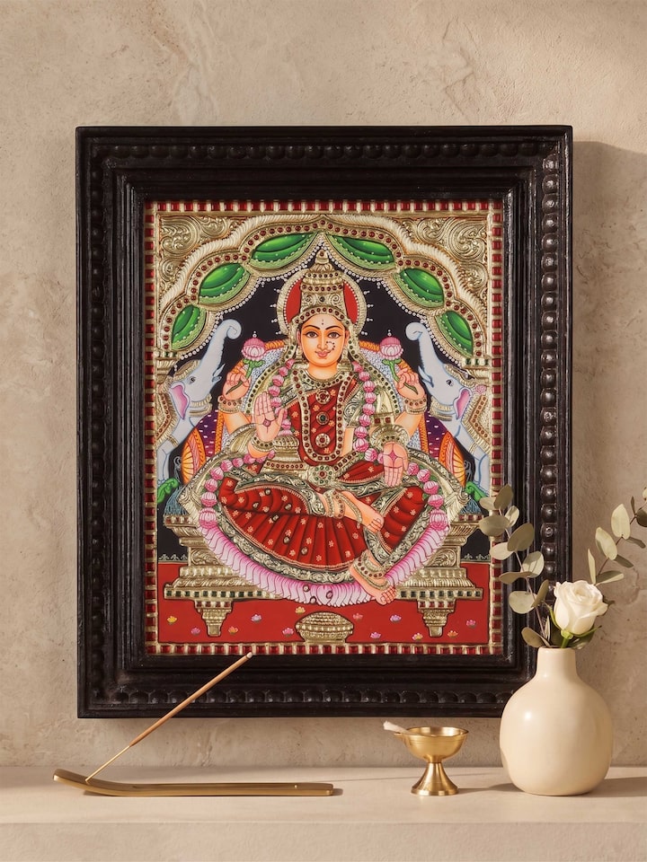 Styled view of Gaja Lakshmi Thanjavur Painting displayed against a styled backdrop