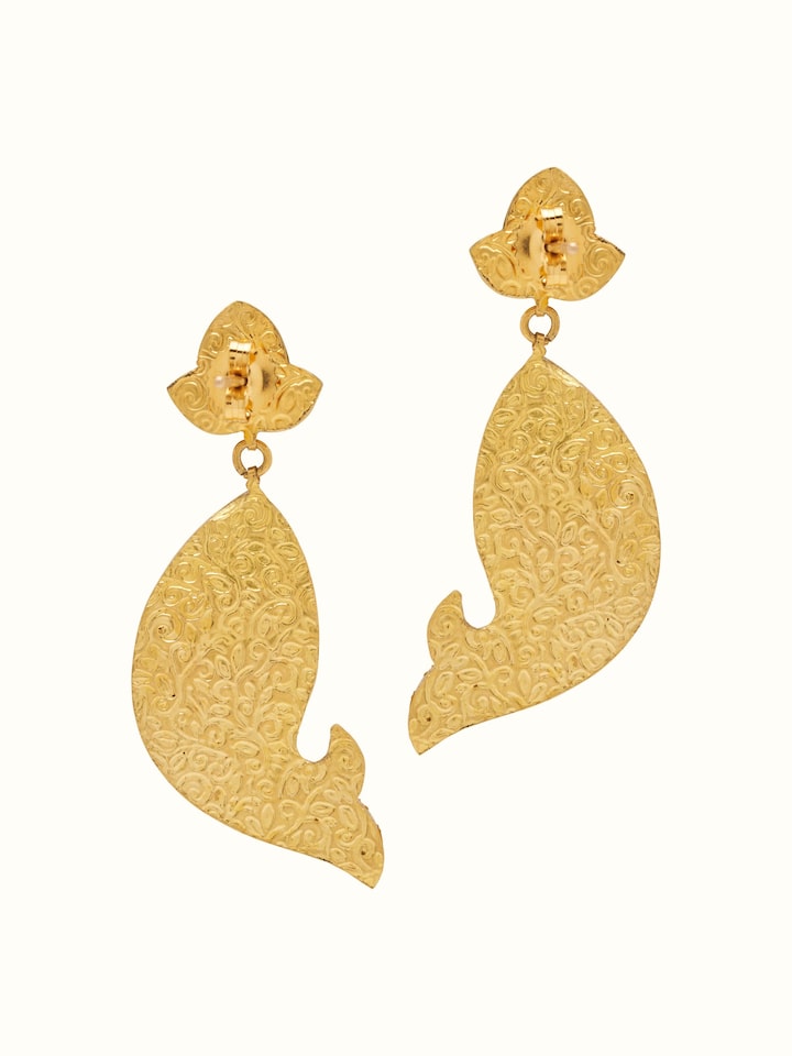 Back view of Thappa 22 Karat Gold Drop Earrings showing the secure fastening and smooth gold finish.