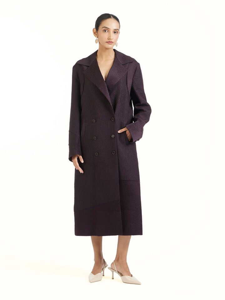 Front view of purple silk kantha trench coat with handcrafted kantha stitching