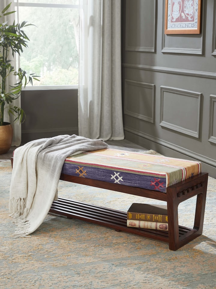 Handloom Dhurrie Upholstered Sheesham Wood Bench
