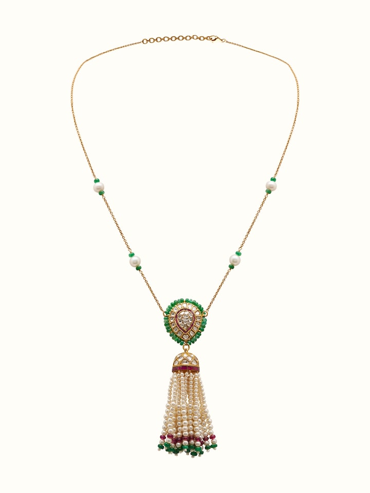 Front view showing the elegant 22 Karat gold pendant with chain