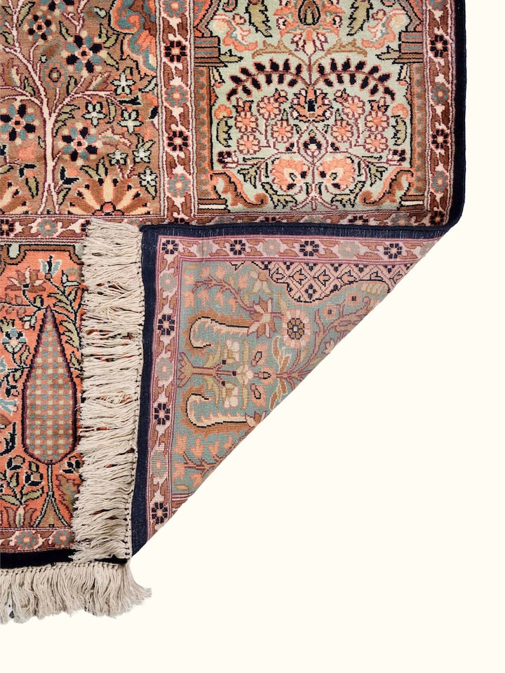 Back view of Traditional Persian Grey Hamadan Kashmir Silk Hand-Knotted Carpet showing the reverse weave