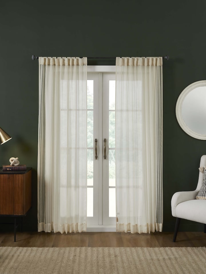 Swar Beige Metallic Stripe Silk Bhagalpur Sheer Curtain (7 Ft)
