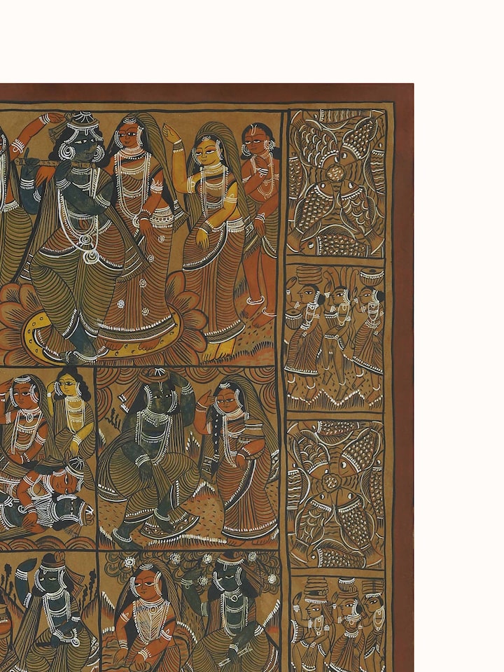 Close-up detail view of Krishna story Kalighat folk art painting