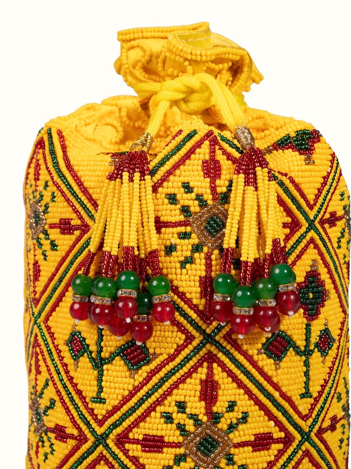 Detail view of Beadwork Yellow Potli Bag highlighting the embellishment detail