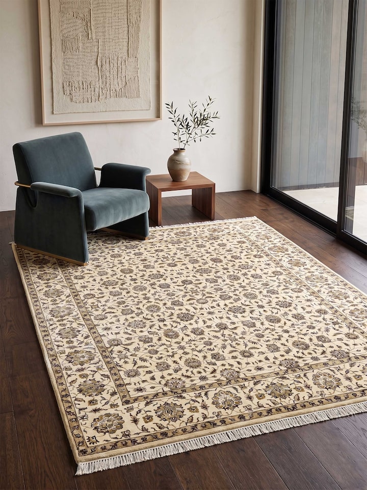 Styled view of Traditional Kashan Ivory Beige Bhadohi Wool-Viscose Hand Knotted Rug styled in a room setting