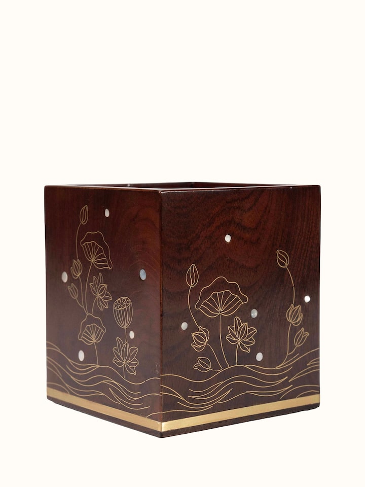 Close-up view of Kamal Tarkashi Teak Wood Tooth Brush Holder highlighting the handcrafted detailing and finish