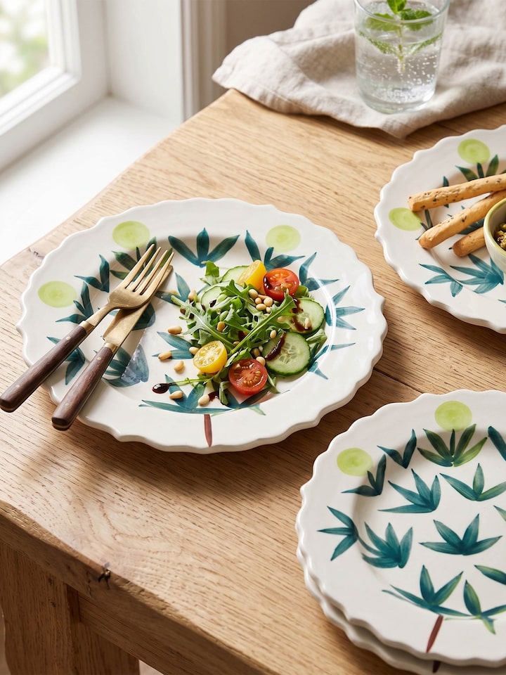 Side view of the Khurja Pottery Ceramic Salad Plates White & Green (4 Pcs)