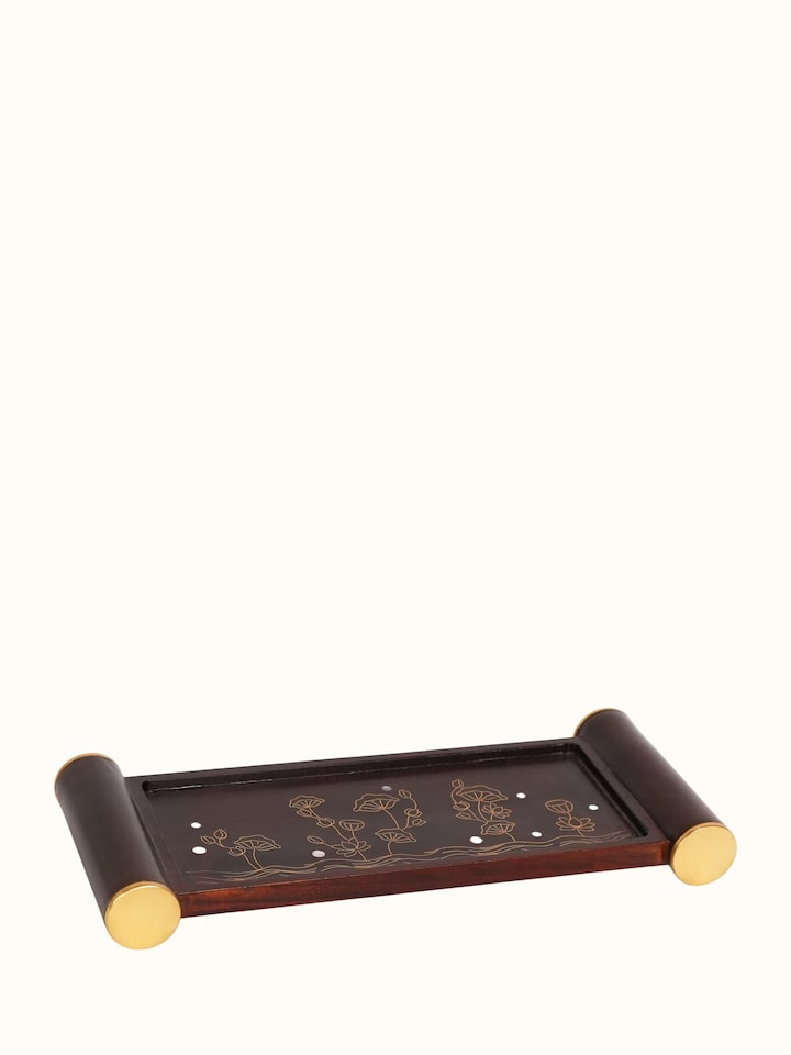 Angled view of the Kamal Tarkashi Teak Wood Tray Small