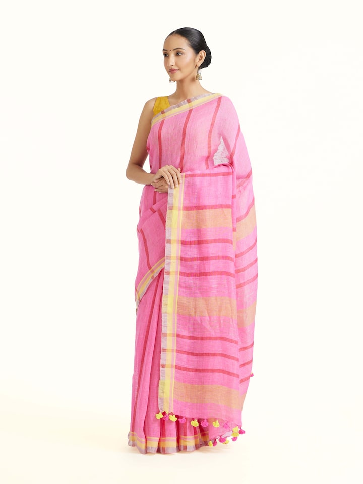 Side view of the Pink Linen Striped Saree