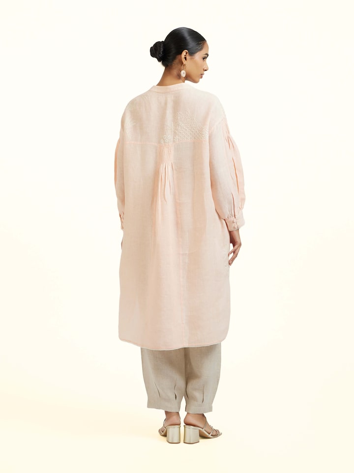 Back view of Peach Linen Chikankari Tunic showing the back design