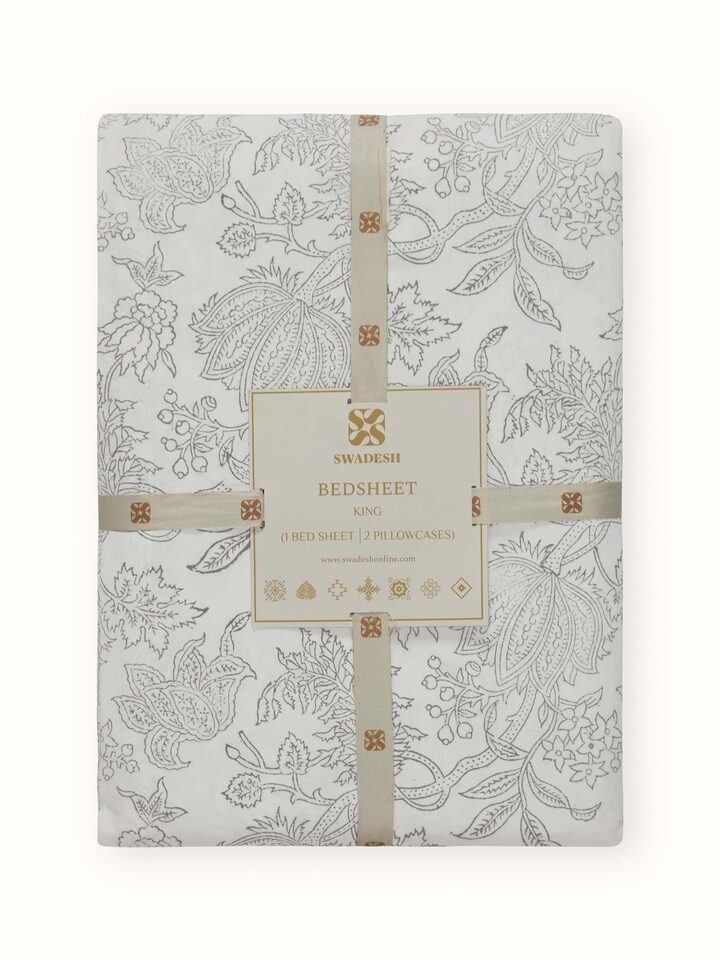 Back view showing the overall layout of the grey Sanganeri king-size bedsheet set